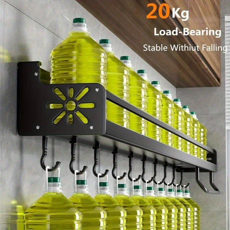 Prateleira de Metal para Cozinha – Organizador Moderno e Sofisticado com Porta-Temperos, Suporte para Facas e Ganchos para Utensílios