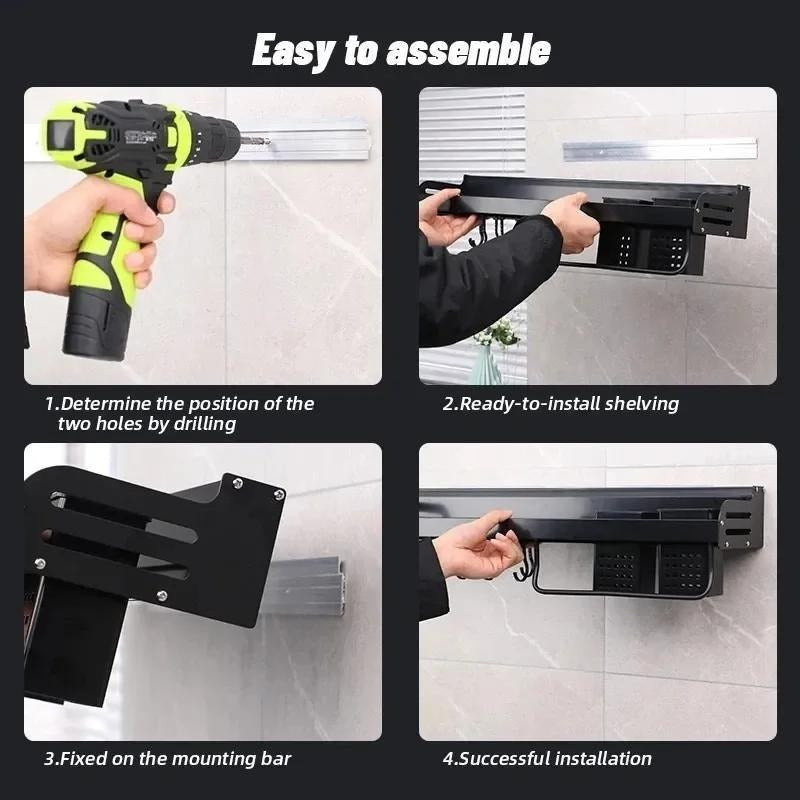 Prateleira de Metal para Cozinha – Organizador Moderno e Sofisticado com Porta-Temperos, Suporte para Facas e Ganchos para Utensílios
