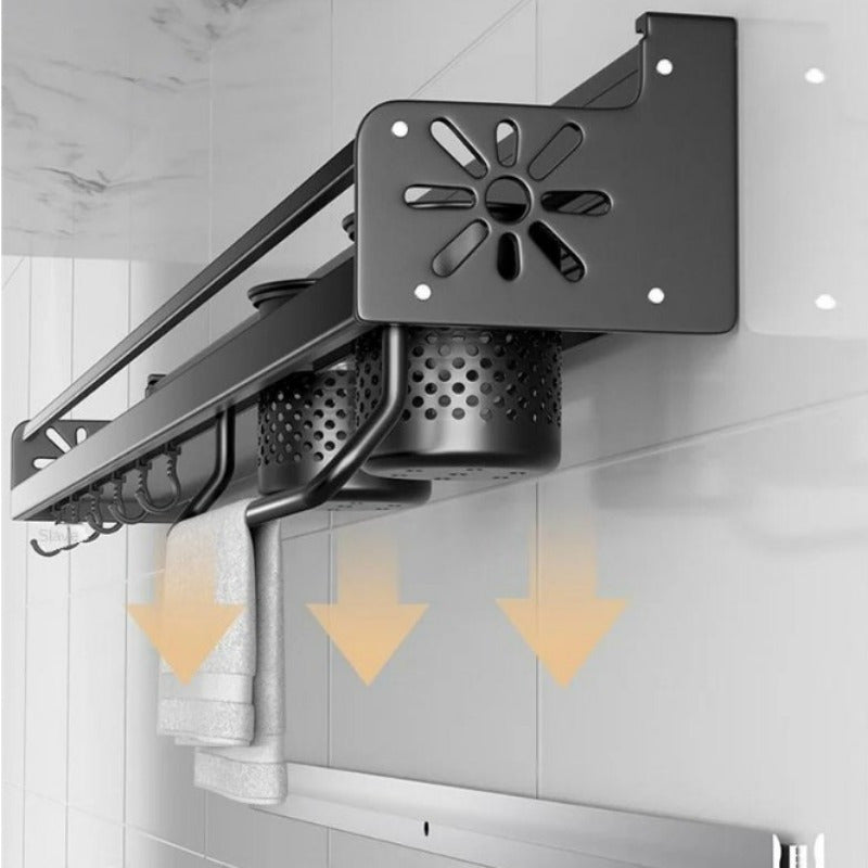 Prateleira de Metal para Cozinha – Organizador Moderno e Sofisticado com Porta-Temperos, Suporte para Facas e Ganchos para Utensílios