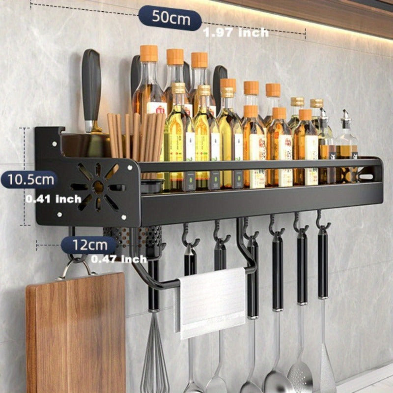 Prateleira de Metal para Cozinha – Organizador Moderno e Sofisticado com Porta-Temperos, Suporte para Facas e Ganchos para Utensílios