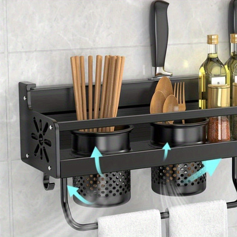 Prateleira de Metal para Cozinha – Organizador Moderno e Sofisticado com Porta-Temperos, Suporte para Facas e Ganchos para Utensílios