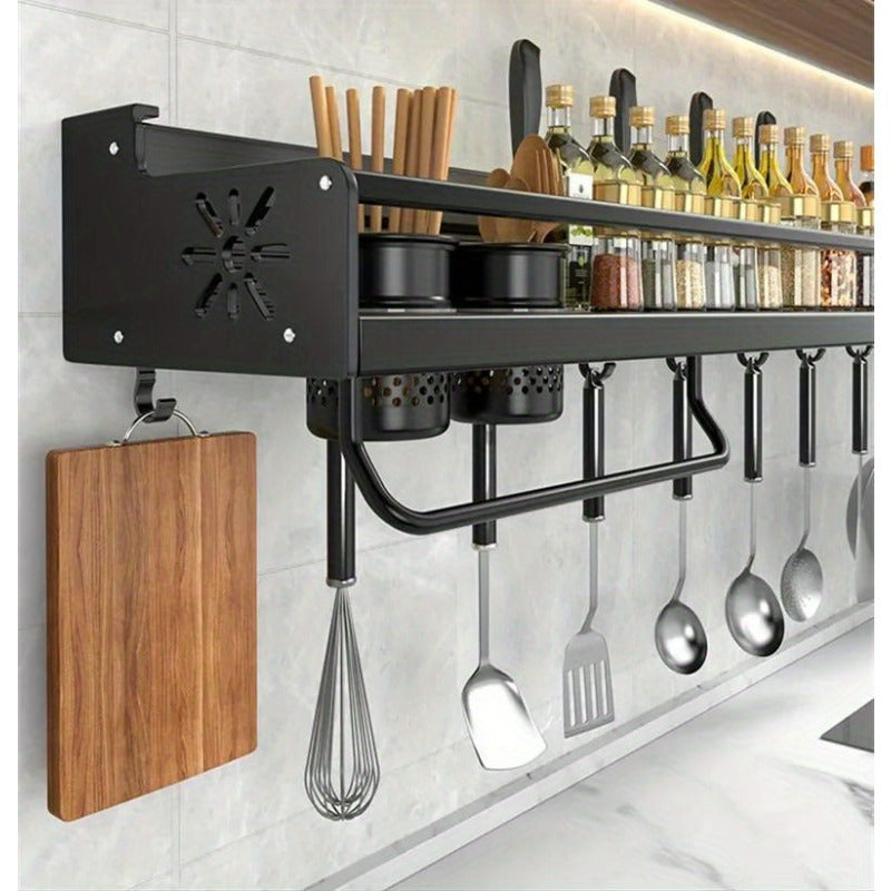 Prateleira de Metal para Cozinha – Organizador Moderno e Sofisticado com Porta-Temperos, Suporte para Facas e Ganchos para Utensílios