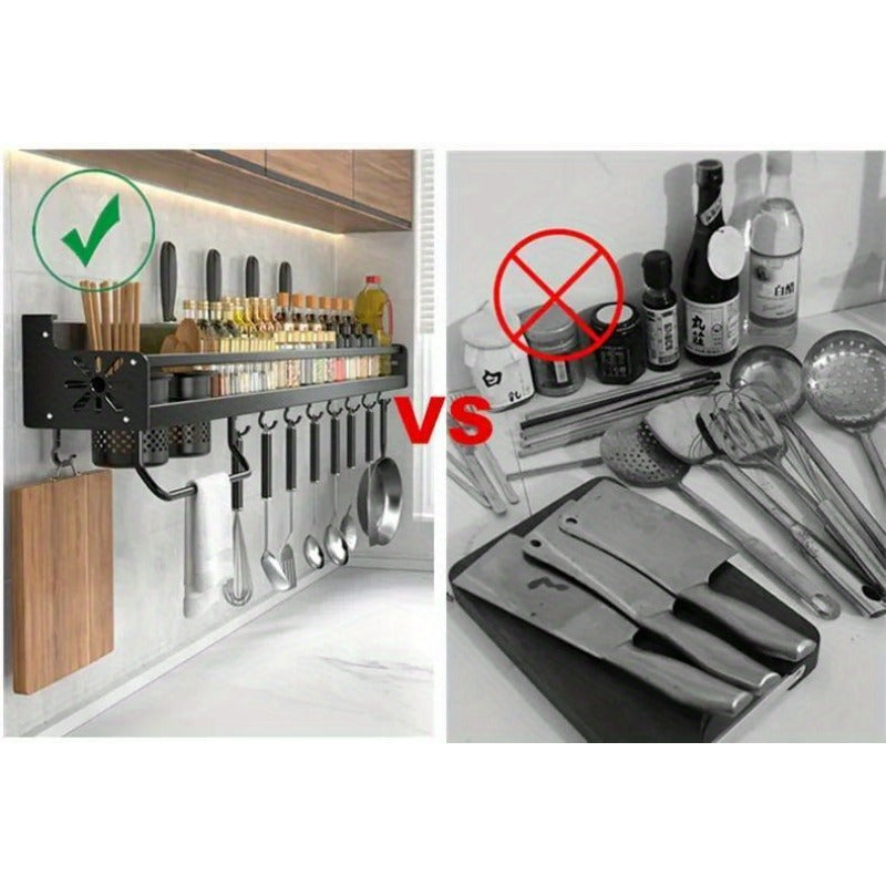 Prateleira de Metal para Cozinha – Organizador Moderno e Sofisticado com Porta-Temperos, Suporte para Facas e Ganchos para Utensílios