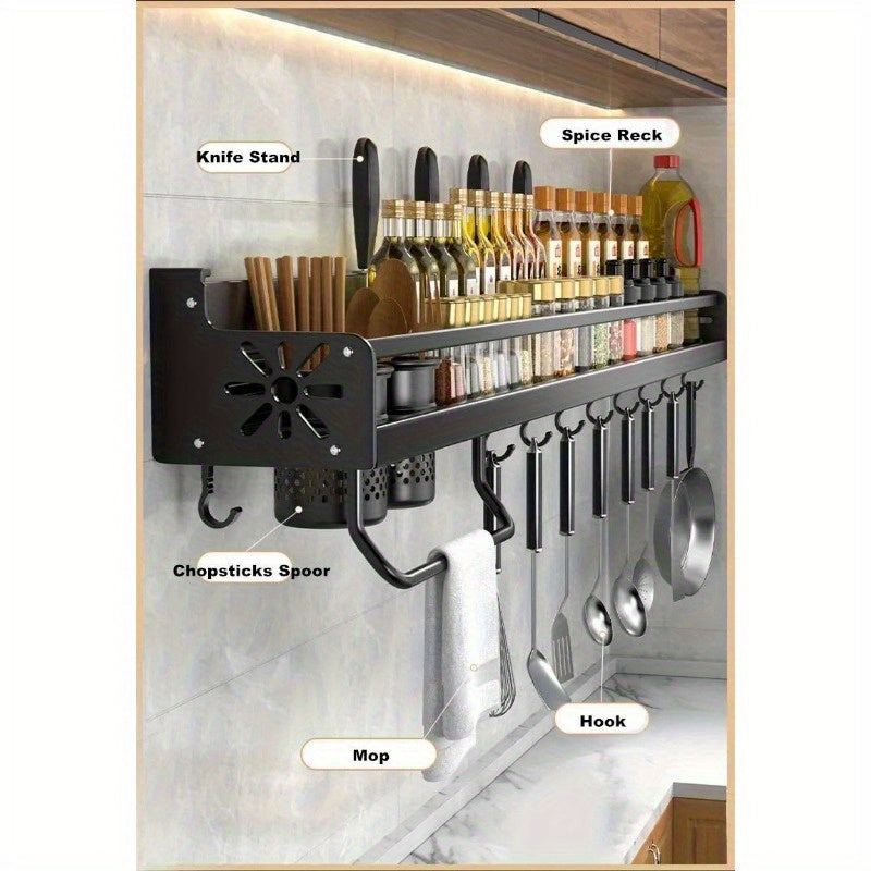 Prateleira de Metal para Cozinha – Organizador Moderno e Sofisticado com Porta-Temperos, Suporte para Facas e Ganchos para Utensílios