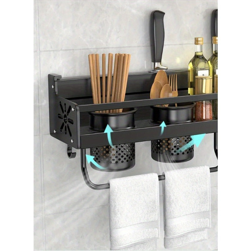 Prateleira de Metal para Cozinha – Organizador Moderno e Sofisticado com Porta-Temperos, Suporte para Facas e Ganchos para Utensílios