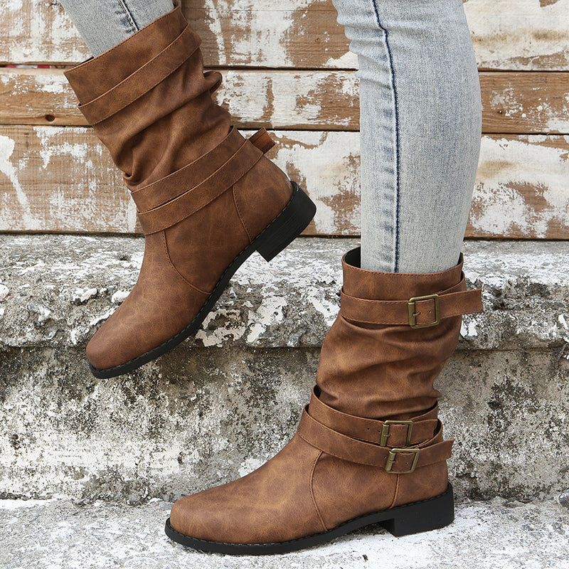Bota Feminina Cano Médio com Fivela e Franzido - Estilo Retrô Ocidental