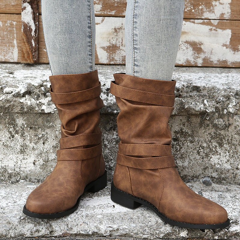 Bota Feminina Cano Médio com Fivela e Franzido - Estilo Retrô Ocidental