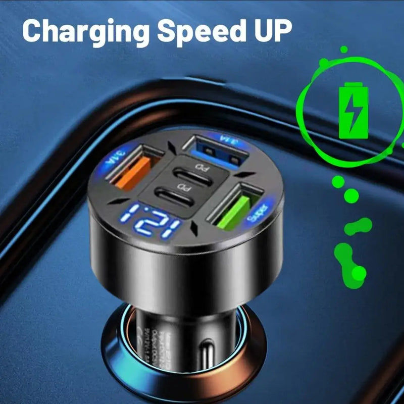 Carregador Veicular 250W – 5 Portas USB-C e QC3.0 – Carregamento Rápido para iPhone e Outros Dispositivos