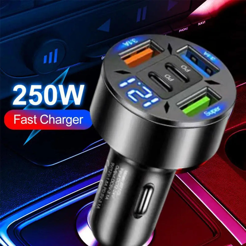 Carregador Veicular 250W – 5 Portas USB-C e QC3.0 – Carregamento Rápido para iPhone e Outros Dispositivos
