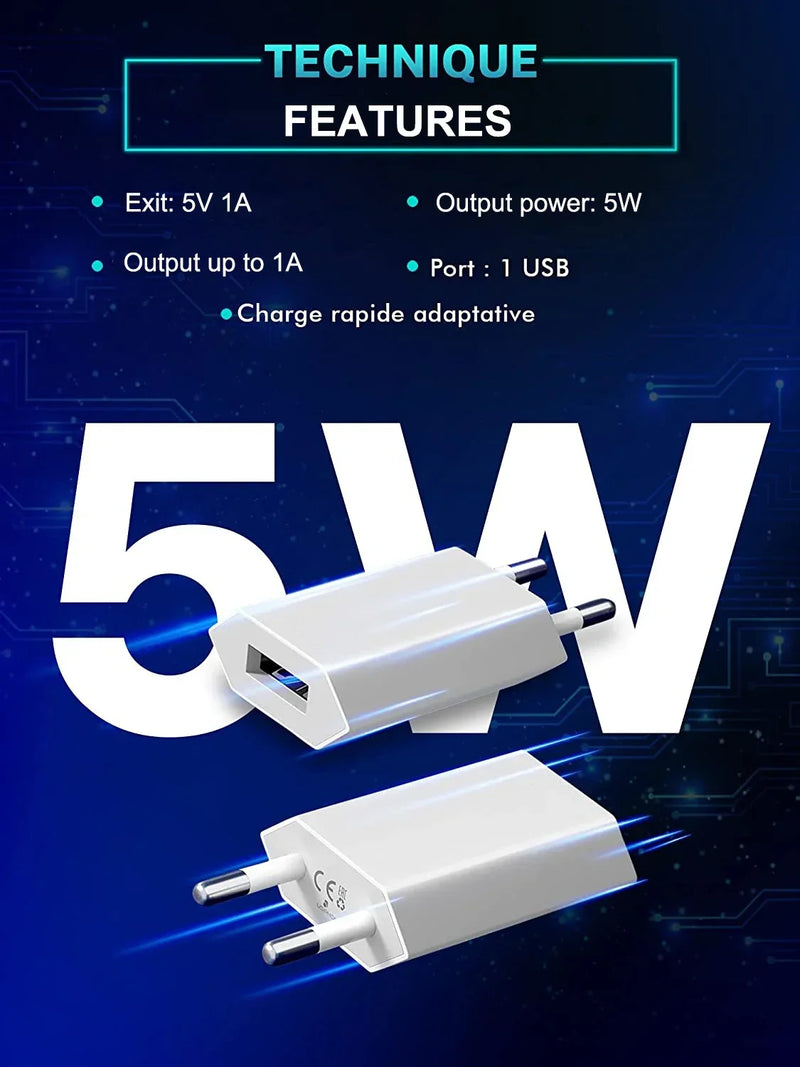 🔌 Carregador USB 5V 1A  Portátil e Eficiente 🔌
✅ Kit com 2 a 5 Peças – Ideal para Viagem!
⚡ Compatível com iPhone XS Max e Outros Celulares
🔹 Plug UE  Compacto e Durável