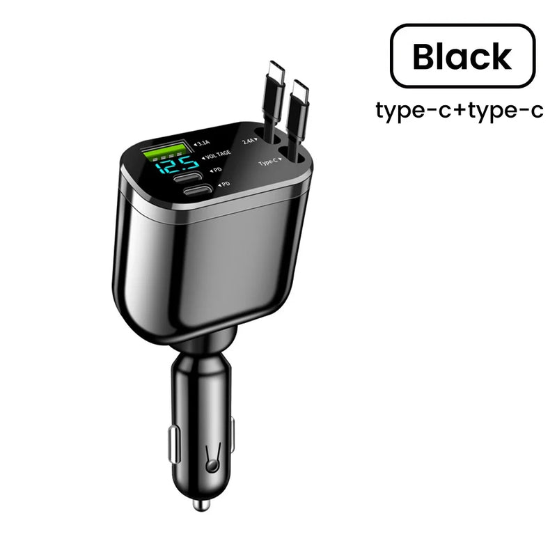 Carregador Veicular Retrátil Elough – 5 em 1 com Carregamento Rápido e 2 Portas Type-C