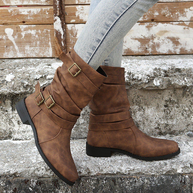 Bota Feminina Cano Médio com Fivela e Franzido - Estilo Retrô Ocidental